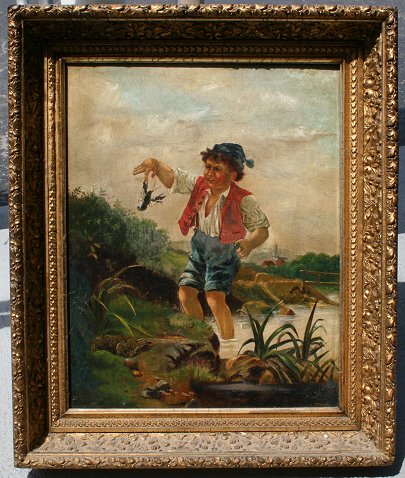 Appraisal: NAIVE OIL CANVAS PAINTING OF GERMAN BOY DISCOVERING CRAWFISH ''