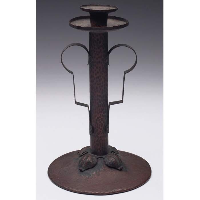 Appraisal: Benedict Studio candlestick double handled shape in hammered copper good