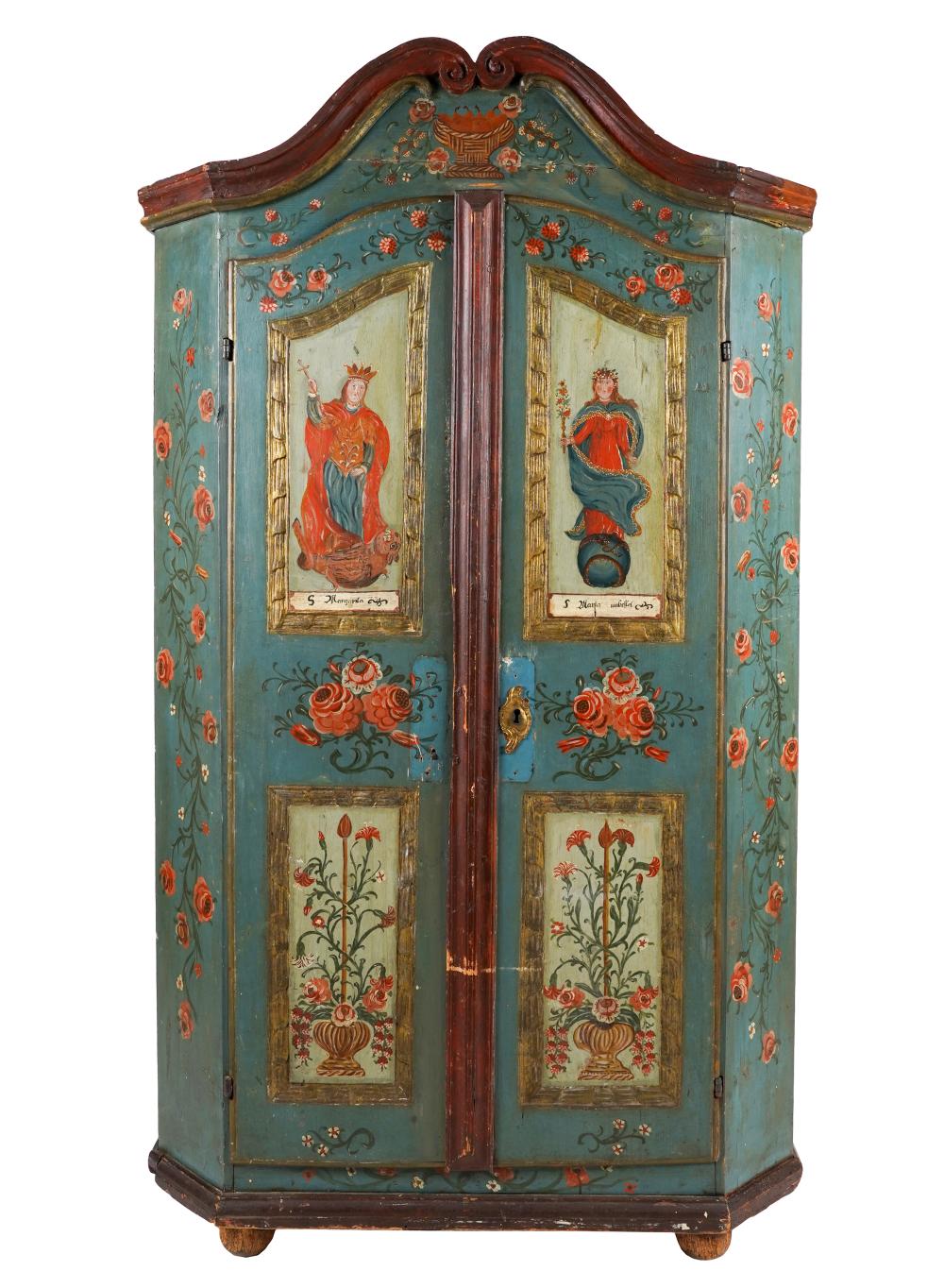 Appraisal: NORTHERN EUROPEAN PAINTED WOOD CABINET th century the hinged doors