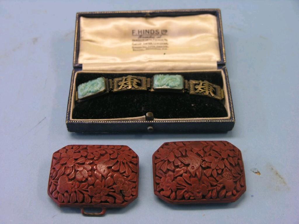 Appraisal: A Chinese brass and jade bracelet and a pair of