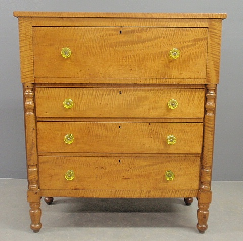 Appraisal: - Late Sheraton tiger maple chest with original yellow Sandwich