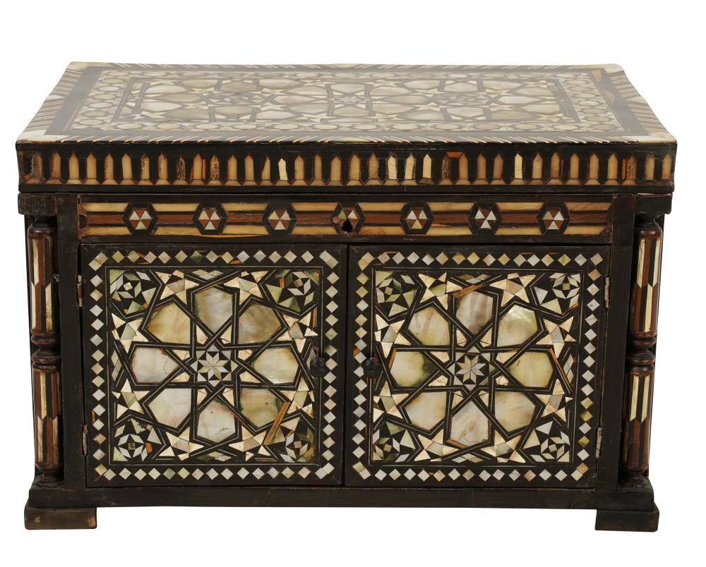 Appraisal: MOORISH-STYLE INLAID TABLE CABINETcontemporary the hinged top above two hinged