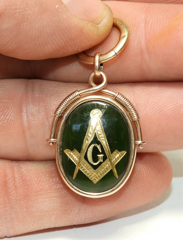 Appraisal: MASONIC GREEN HARDSTONE KT GOLD WATCH FOB th CenturyDepicting the