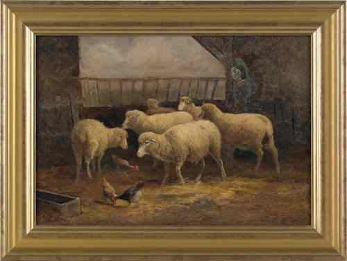 Appraisal: Oil on canvas barn yard scene of sheep initialed lower