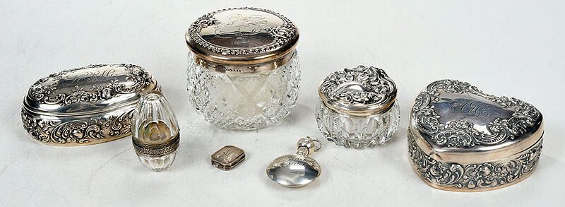 Appraisal: Seven Silver Dresser Items including English silver locket with engraved