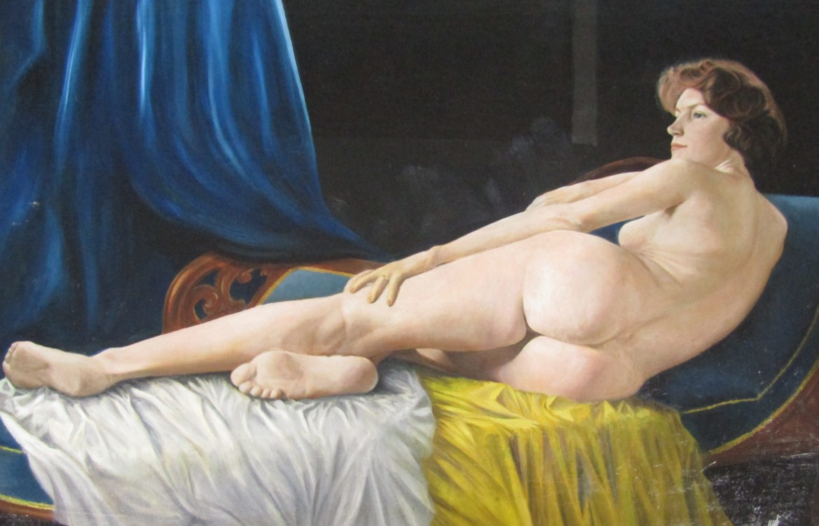 Appraisal: Percival A Bates Nude study - blue chaise longue oil