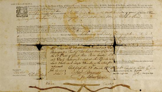 Appraisal: Early South Carolina land grant dated printed form with manuscript