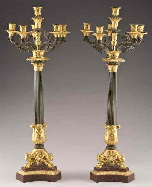 Appraisal: Pr French Restoration style six light candelabrasupported by an ebonized