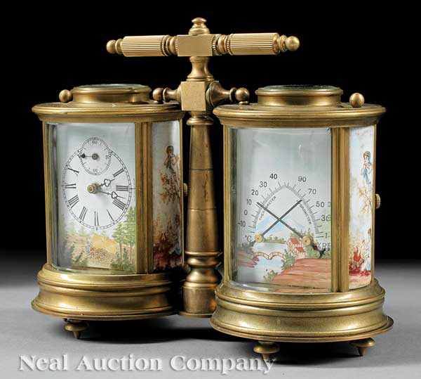 Appraisal: A Continental Bronze and Enameled Double Carriage Clock height in