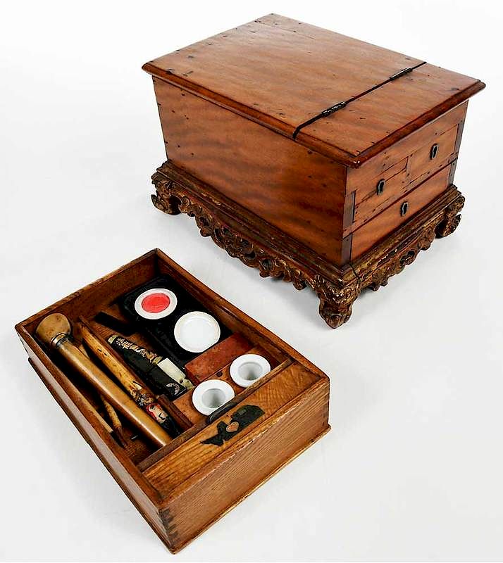 Appraisal: Small Tropical Wood Chest and Calligraphy Set Asian th lift