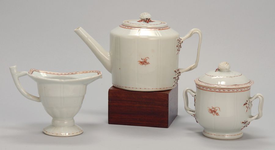 Appraisal: ANTIQUE CHINESE EXPORT PORCELAIN THREE-PIECE TEA SET With sepia design