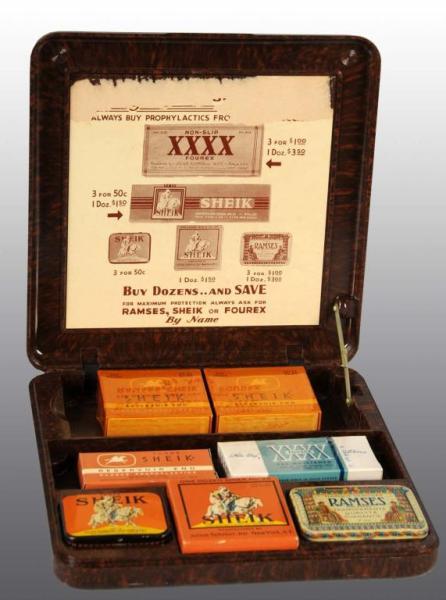 Appraisal: Bakelite Salesman Sample Condom Display Box Description Includes seven condom