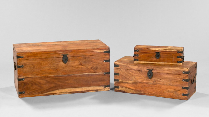 Appraisal: Nested Trio of Anglo-Indian Wrought-Iron-Mounted Cedarwood Trunks ranging in size