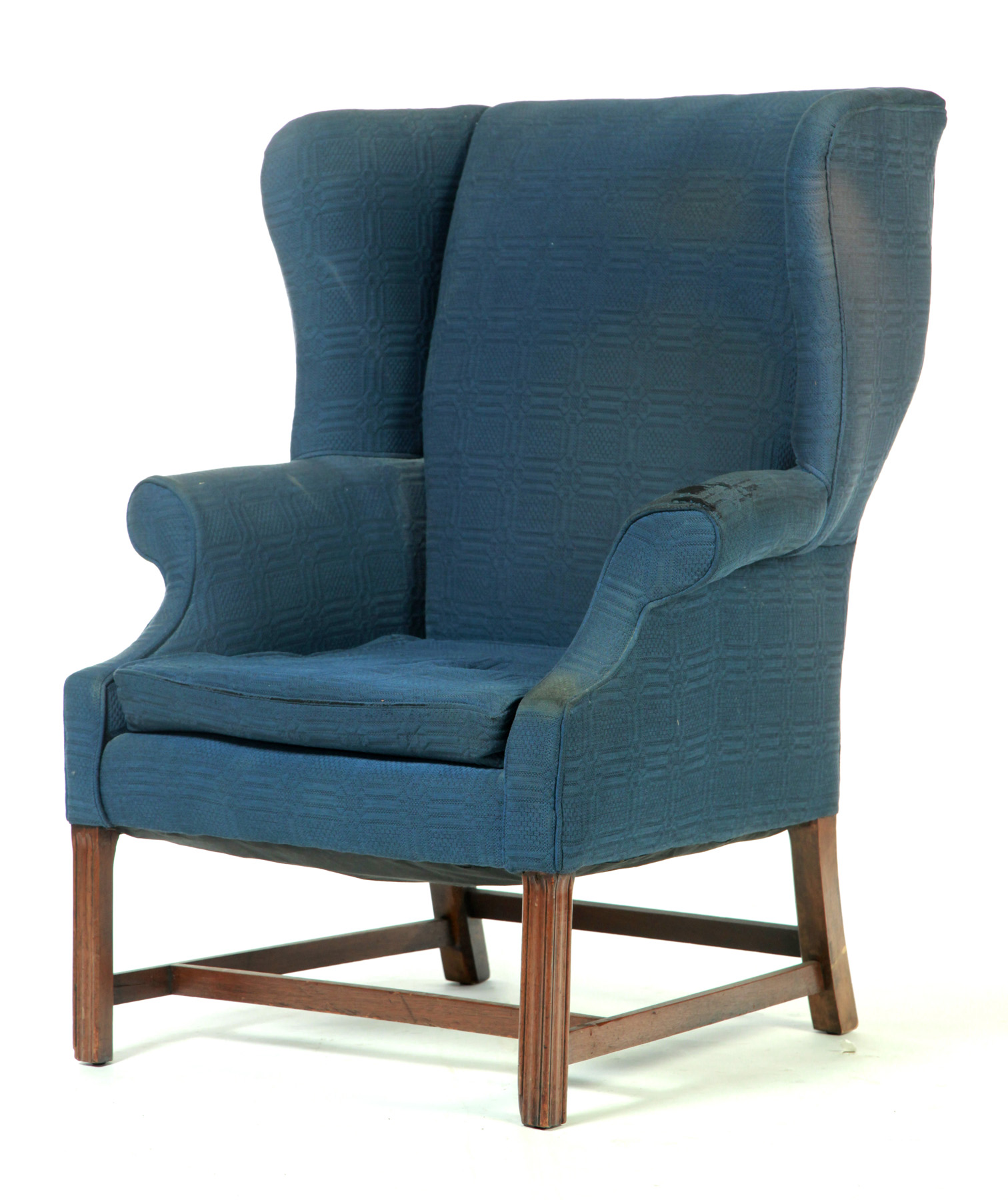 Appraisal: CHIPPENDALE-STYLE EASY CHAIR Twentieth century mahogany Molded legs blue upholstery