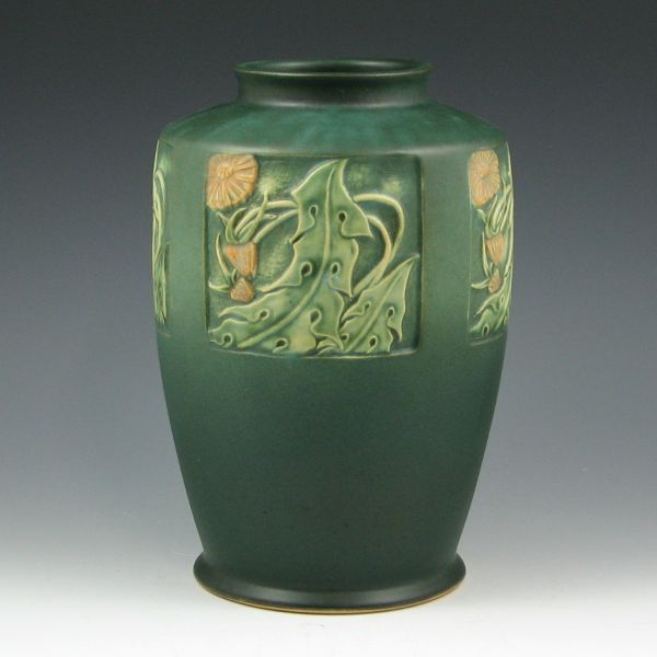 Appraisal: Roseville Panel vase in green with yellow dandelions An uncommon