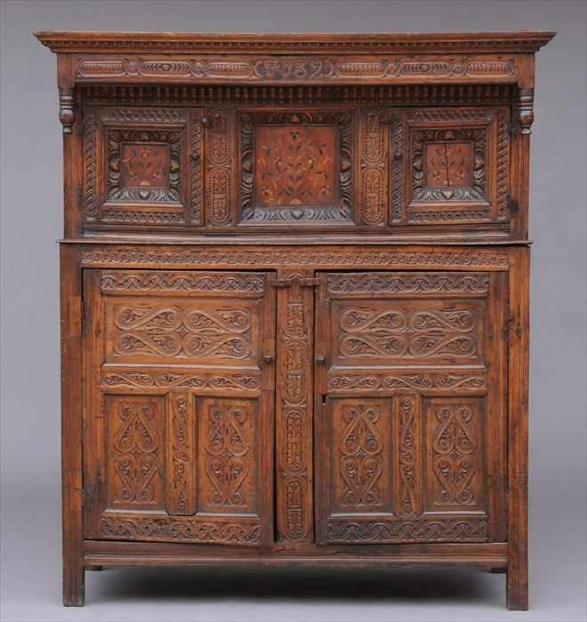 Appraisal: ENGLISH INLAID OAK PRESS CUPBOARD The upper section with elongated