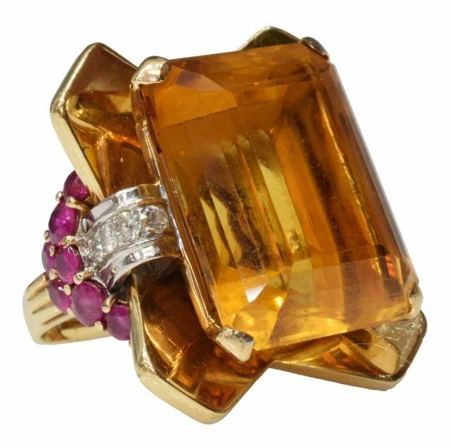 Appraisal: Estate kt yellow gold Retro ring large emerald cut citrine