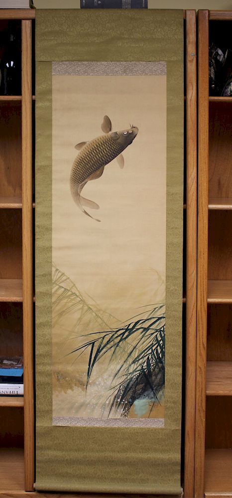 Appraisal: Japanese Watercolor Scroll of Trout Trout rising from a spray