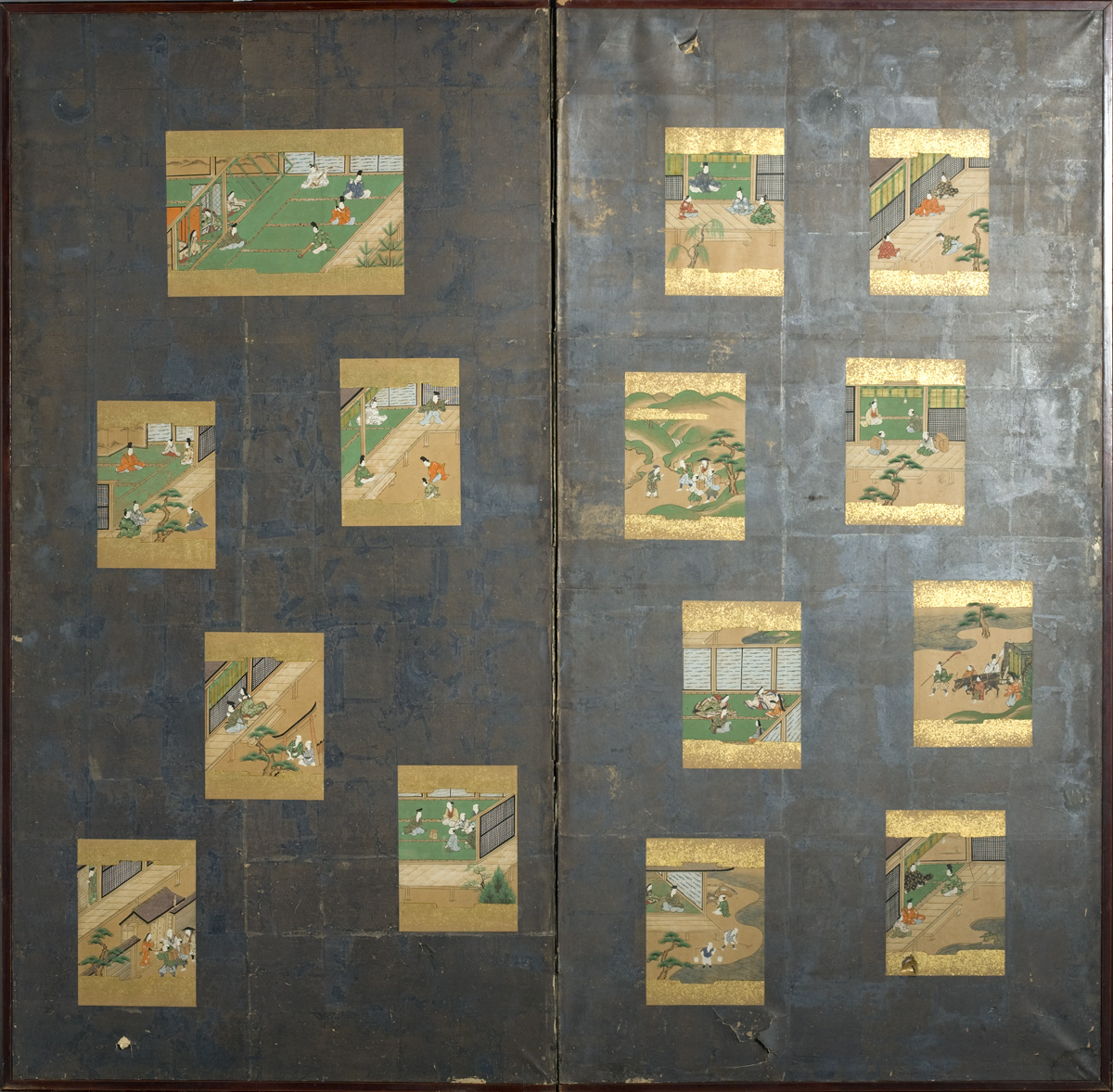 Appraisal: TWO-FOLD JAPANESE SCREEN WITH FOURTEEN PANELS DEPICTING DOMESTIC FIGURES IN