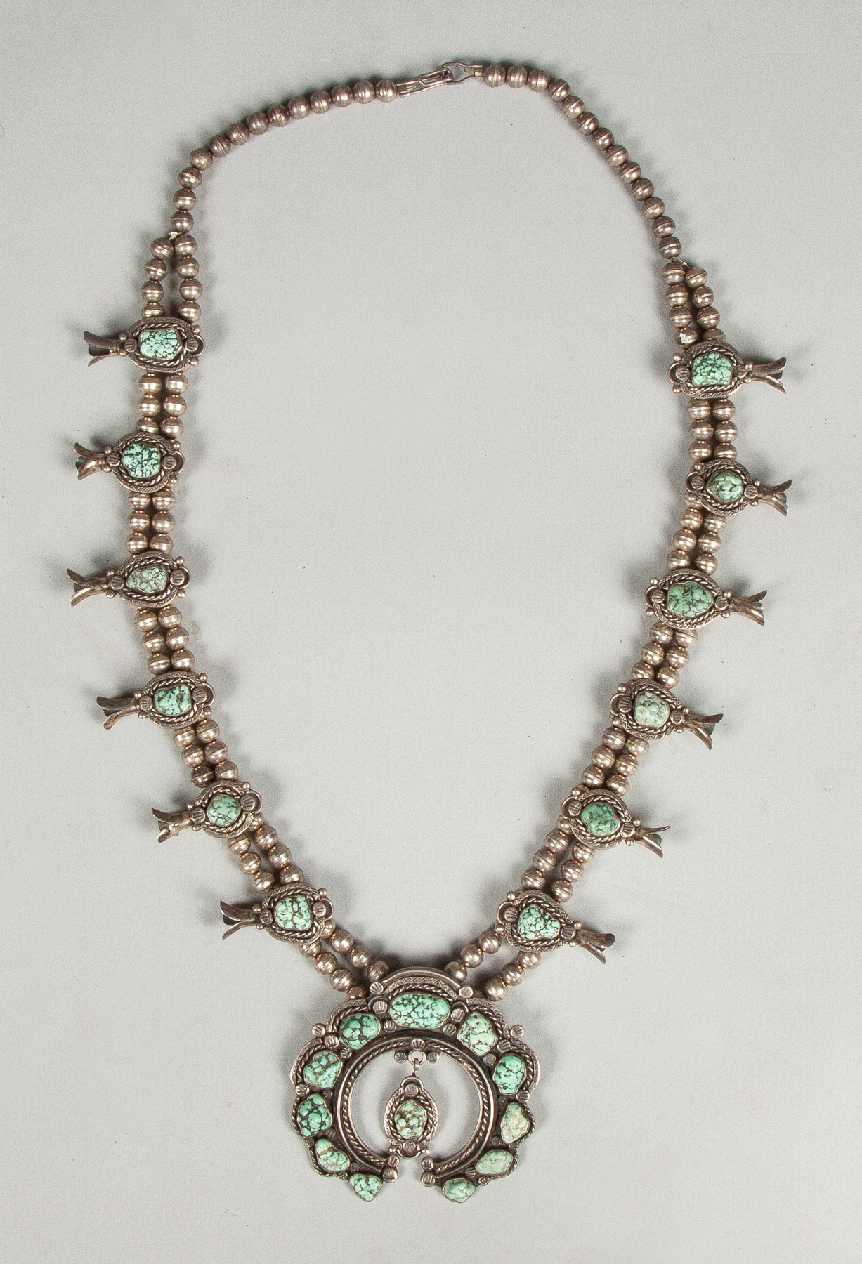 Appraisal: Vintage Navajo Silver Turquoise Squash Blossom Necklace ozt Including stones