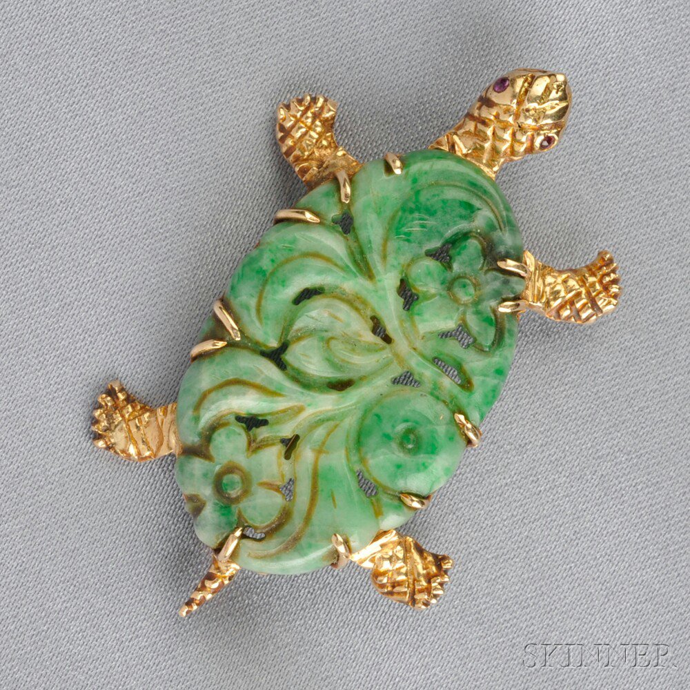 Appraisal: kt Gold and Jade Turtle Brooch Seaman Schepps with carved