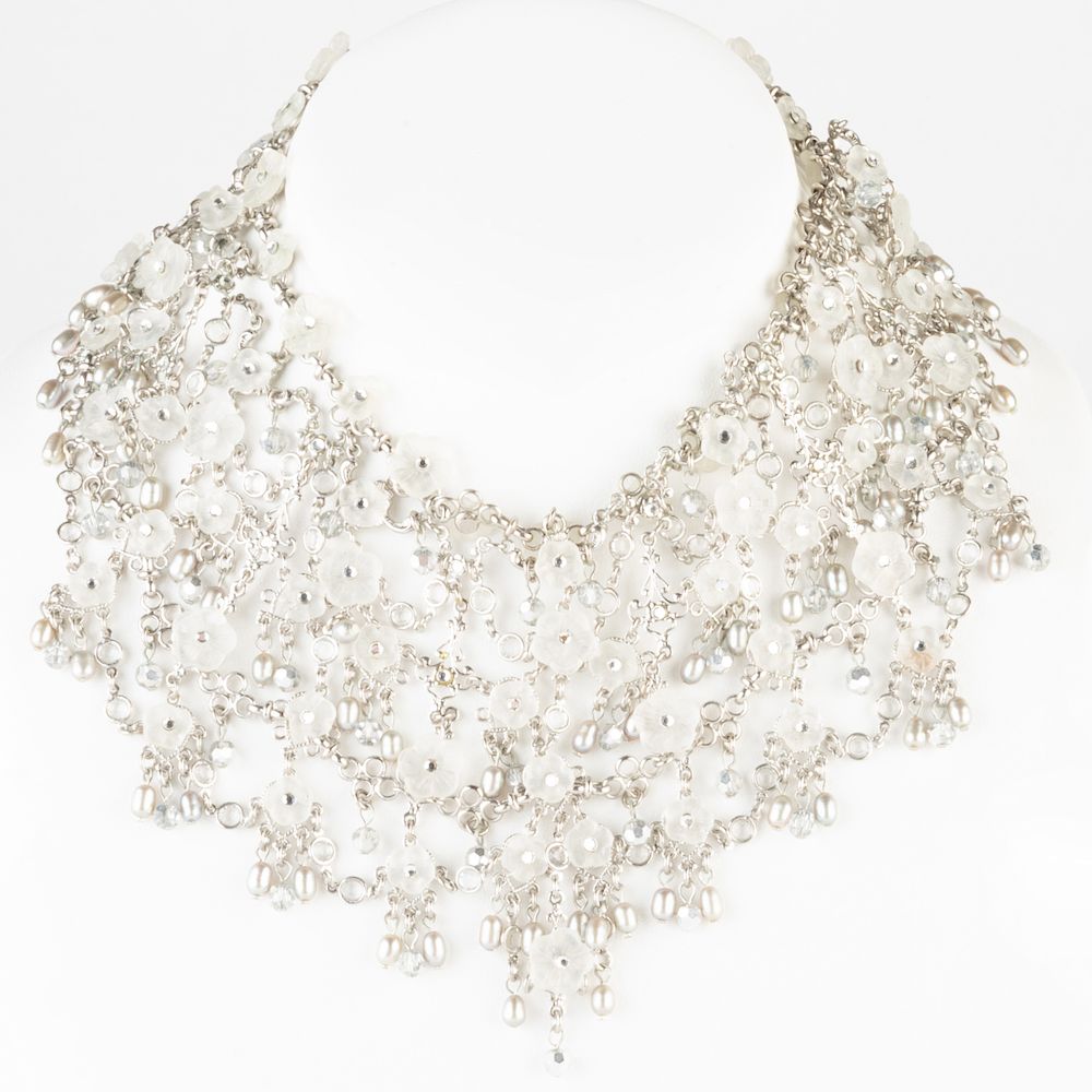 Appraisal: Fringe Necklace with Floral Beading Pearls and Crystals Approx in