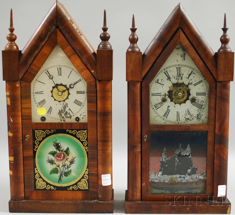 Appraisal: Two Sharp Gothic Mantel Clocks Connecticut both mahogany and mahogany