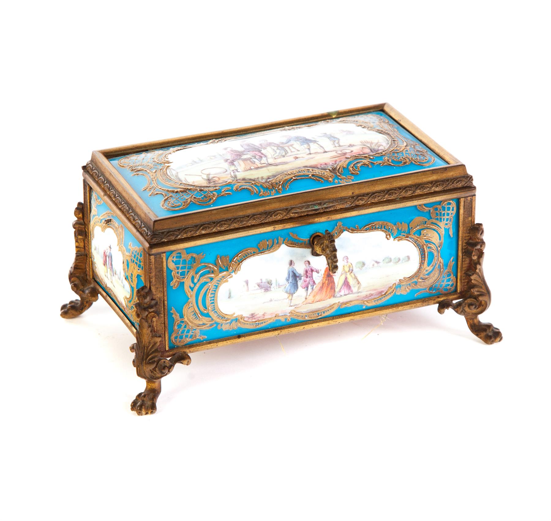 Appraisal: SEVRES-STYLE BOX European mid th century Ormolu box with porcelain