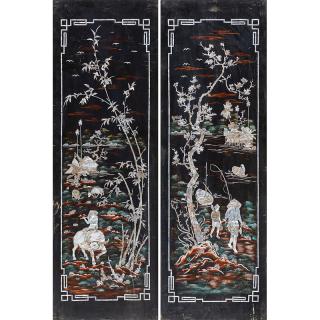 Appraisal: PAIR OF CHINESE MOTHER OF PEARL INLAID PANELS Lacquered wood