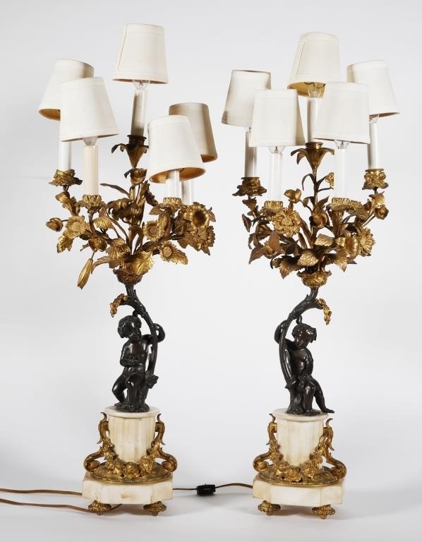 Appraisal: Patinated bronze and marble candelabra style table lamps Measure about