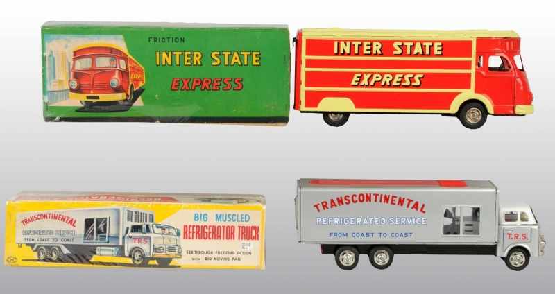 Appraisal: Lot of Tin Litho Truck Friction Toys Description Japanese Working