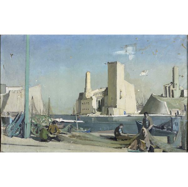 Appraisal: TH C EUROPEAN PAINTING Untitled Port Scene oil on canvas