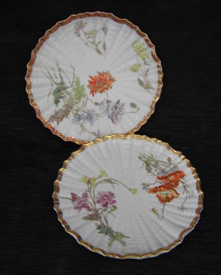 Appraisal: Pair of Royal Worcester Circular Shell-Ribbed Polychromed and Parcel-gilt Porcelain