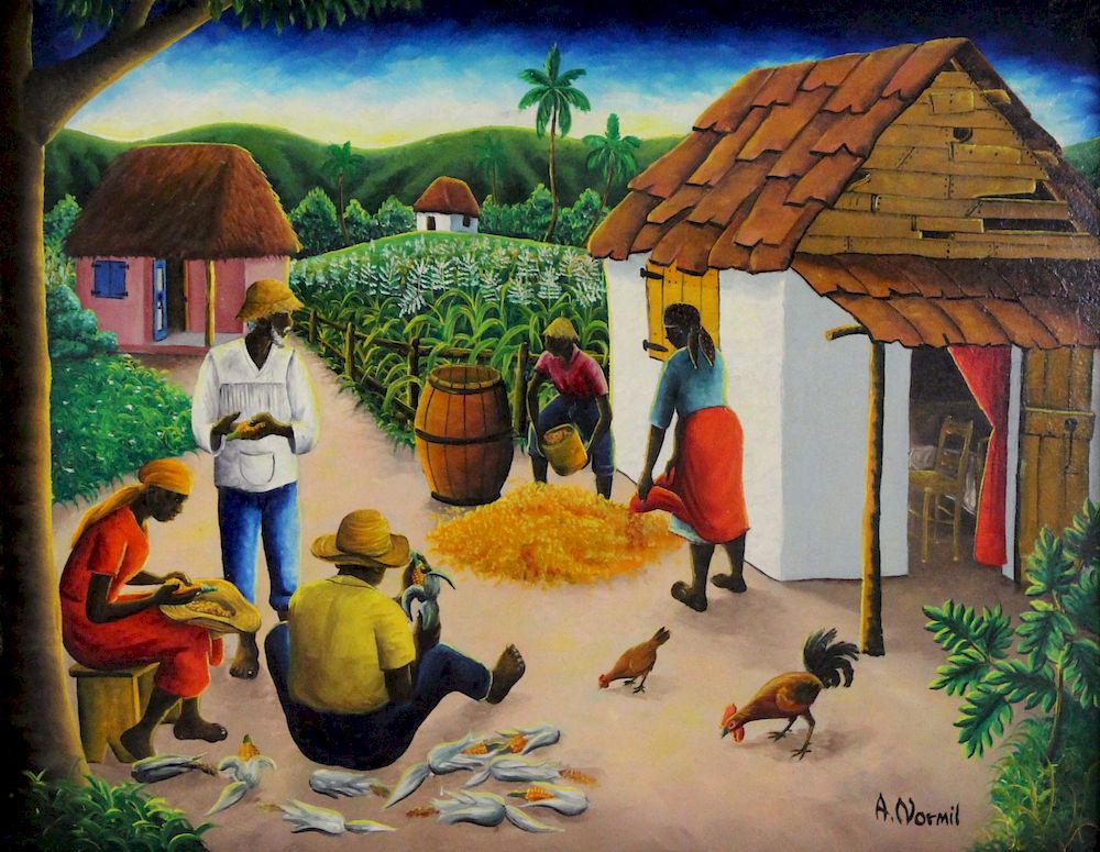 Appraisal: ANDRE NORMIL HAITIAN b Oil on Board Haitian Scene Signed