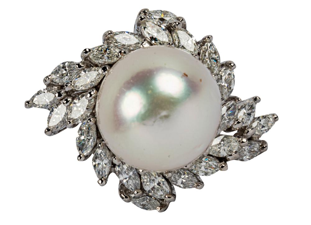 Appraisal: KARAT WHITE GOLD DIAMOND PEARL CLUSTER RINGcentering one round half-drilled