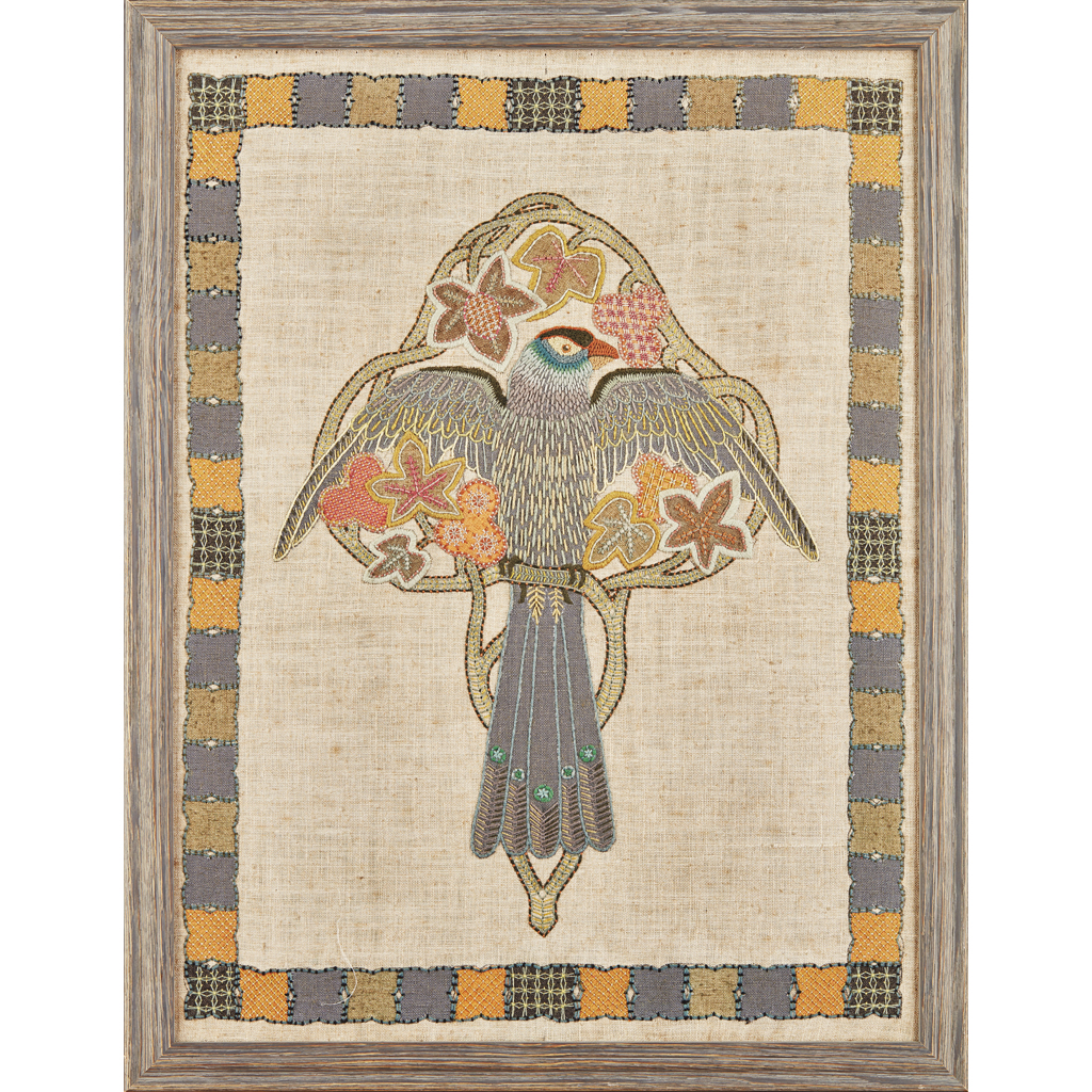 Appraisal: GLASGOW SCHOOL EMBROIDERED APPLIQU PANEL CIRCA depicting a stylised bird