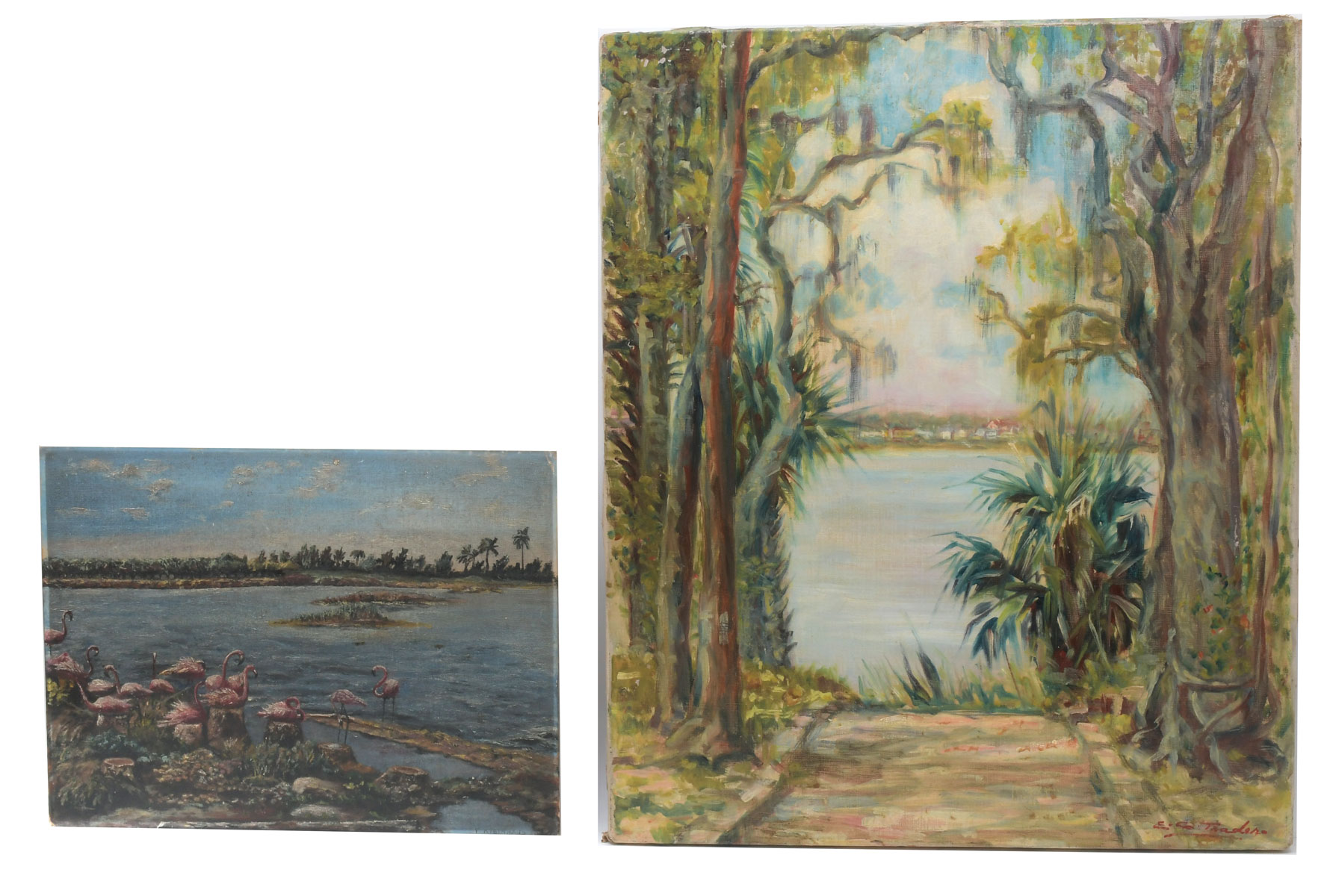 Appraisal: PIECE VINTAGE FLORIDA PAINTING LOT Florida Shoreline Scene with Flamingos