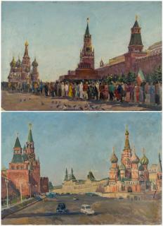 Appraisal: A PAIR OF PAINTINGS WITH RED SQUARE SCENES BY LEONTIY