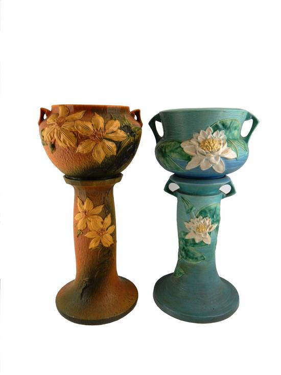 Appraisal: Two Roseville Pottery jardini res and pedestals one Water Lily