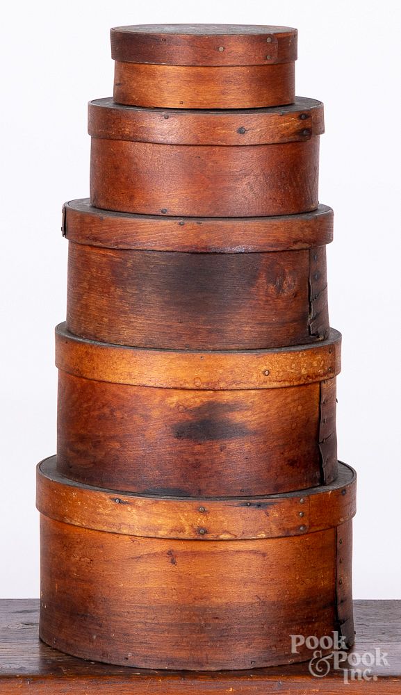 Appraisal: Set of five stacking bentwood pantry boxes Set of five