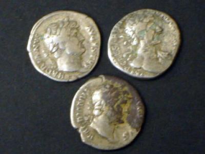 Appraisal: THREE HADRIAN DENARII with Justitia Abundantia and Roma on reverse