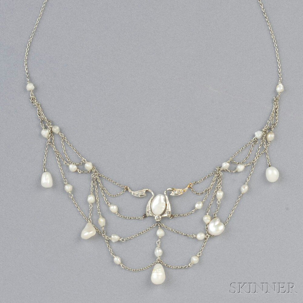 Appraisal: Edwardian Platinum and Freshwater Pearl Bib Necklace the swags of