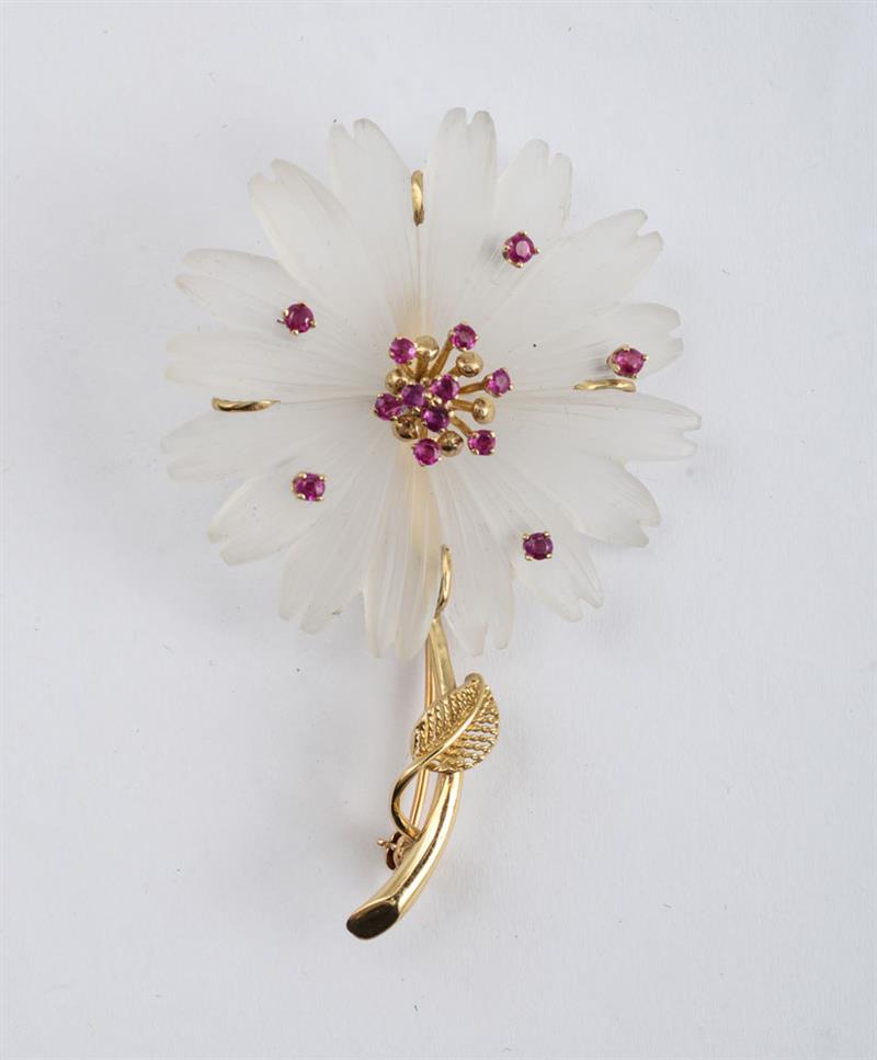 Appraisal: FROSTED CRYSTAL AND RUBY FLOWER PIN k gold mount with