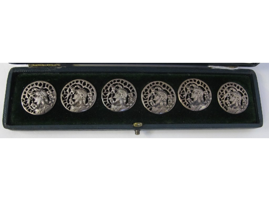 Appraisal: Cased set of six Art Nouveau white metal buttons