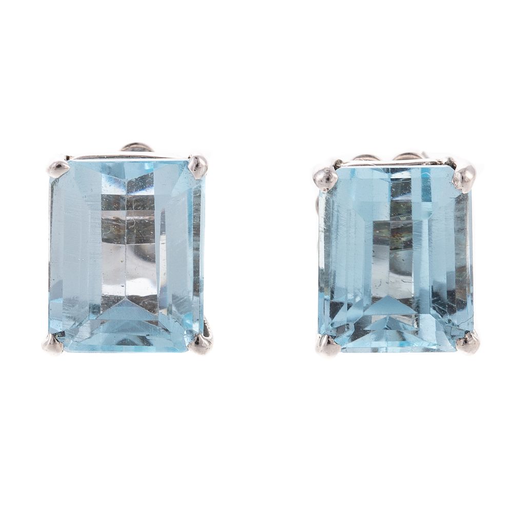 Appraisal: A Pair of Emerald Cut Aquamarine Studs in K K