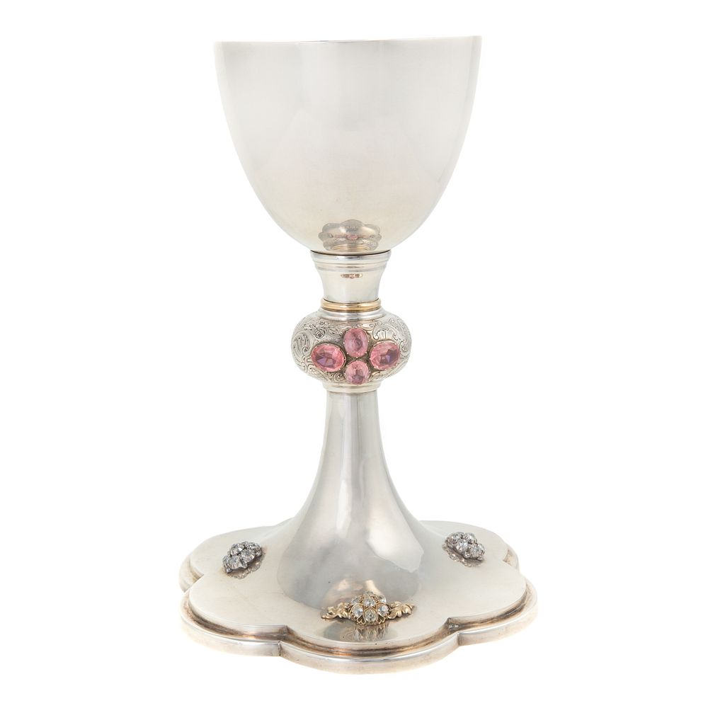 Appraisal: Important Baltimore Gem-Encrusted Sterling Chalice and Paten Stepped petal foot