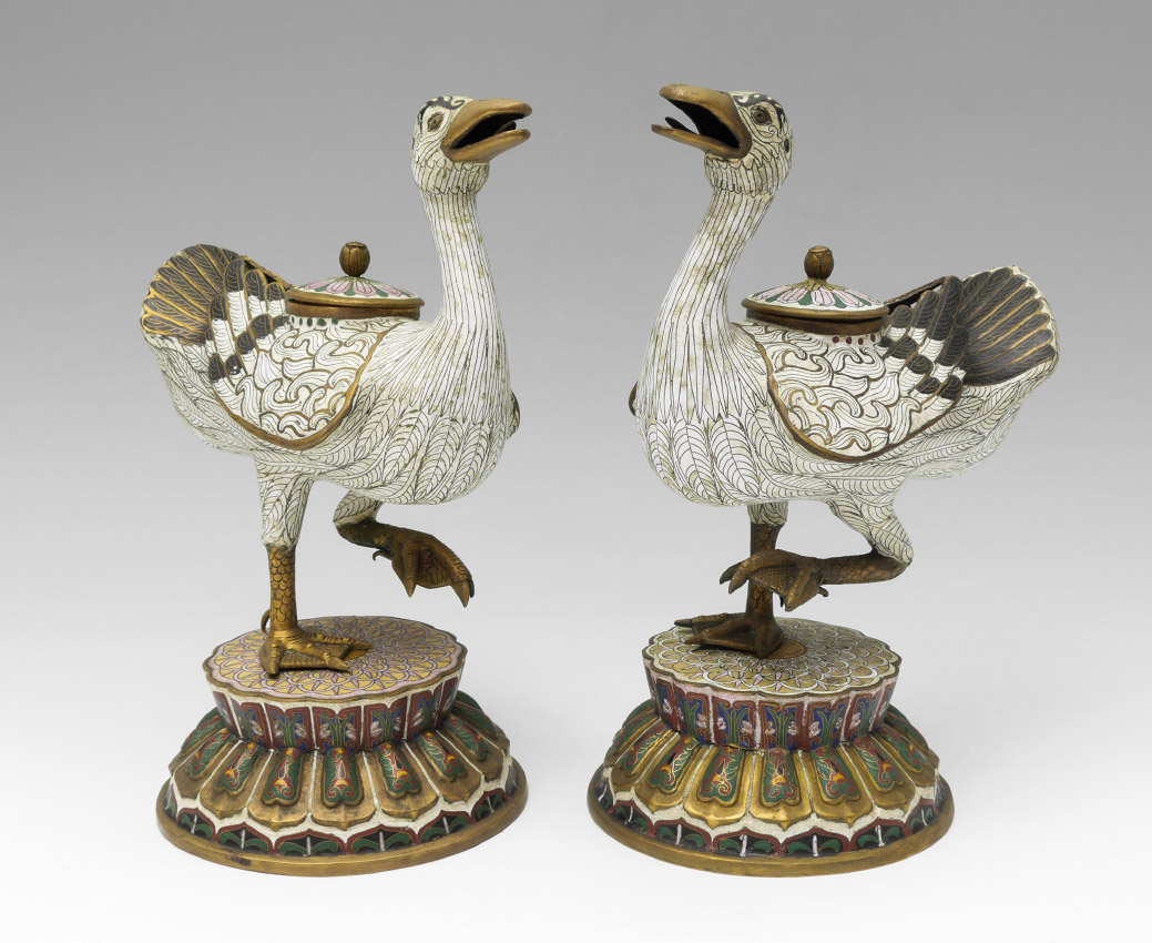 Appraisal: PAIR OF CLOISONNE FIGURAL BIRD INCENSE BURNERS Black and white