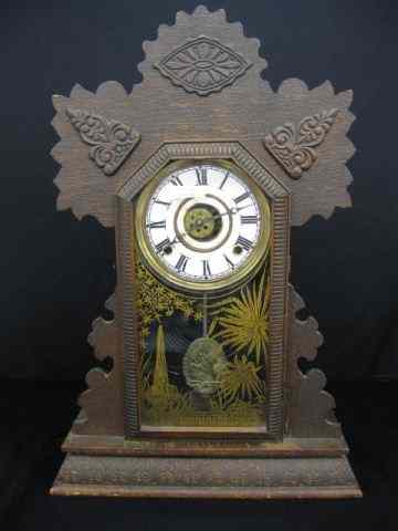 Appraisal: Ingraham Victorian Gingerbread Kitchenclock oak case stenciled glass door ''