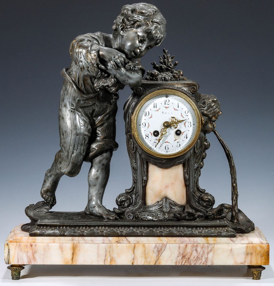 Appraisal: A TH CENTURY FRENCH SPELTER STATUE CLOCK WITH MARBLE The