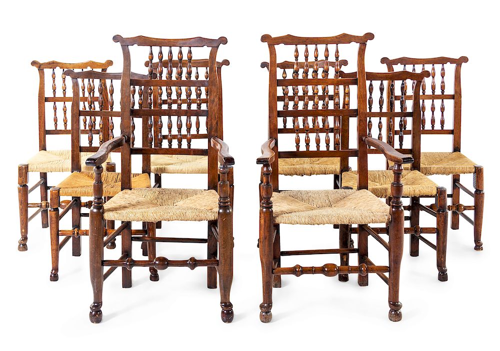 Appraisal: An Assembled Set of Eight English Spindle-Back Dining Chairs An